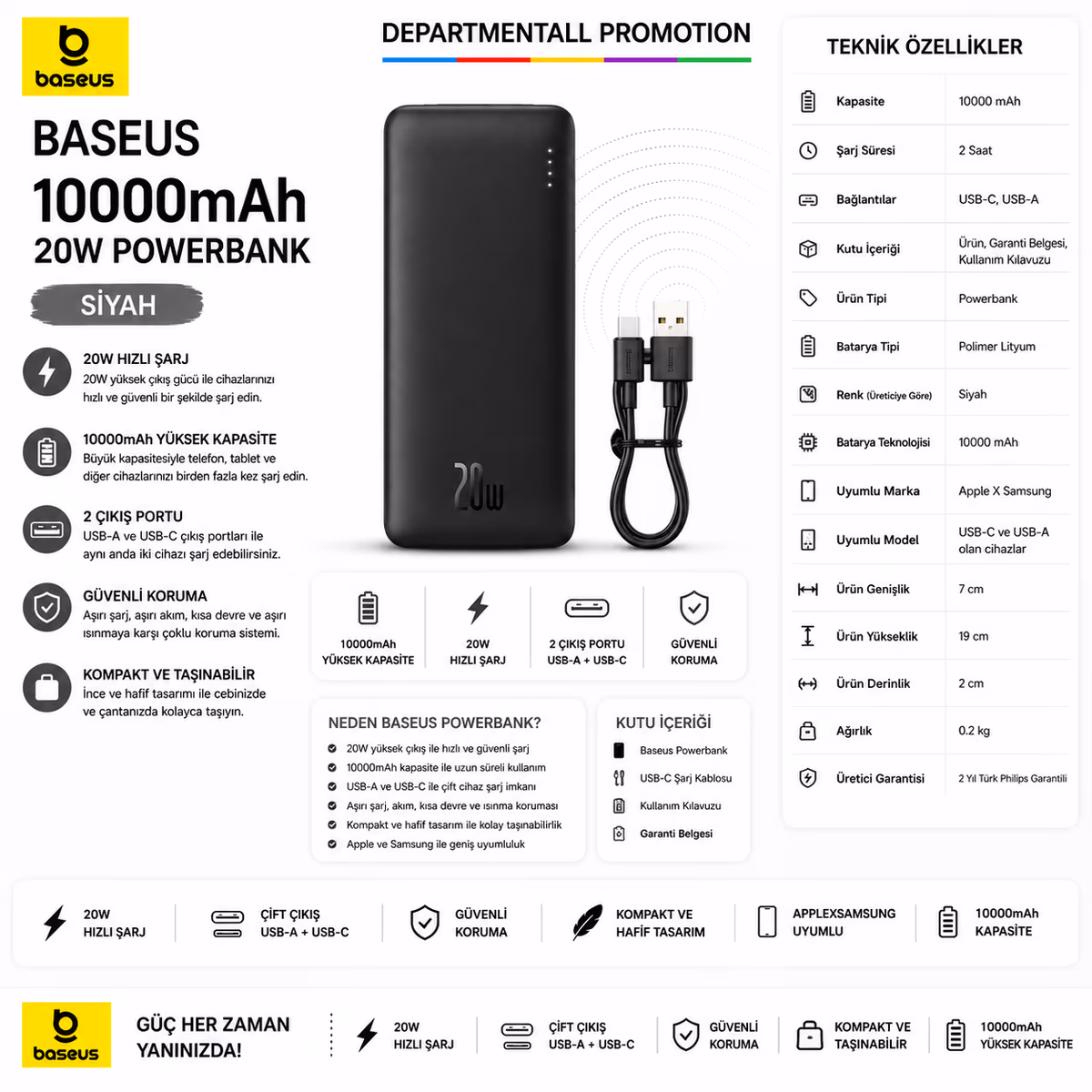 Baseus 10.000 mAh 20W Powerbank · Siyah 10.000 mAh
