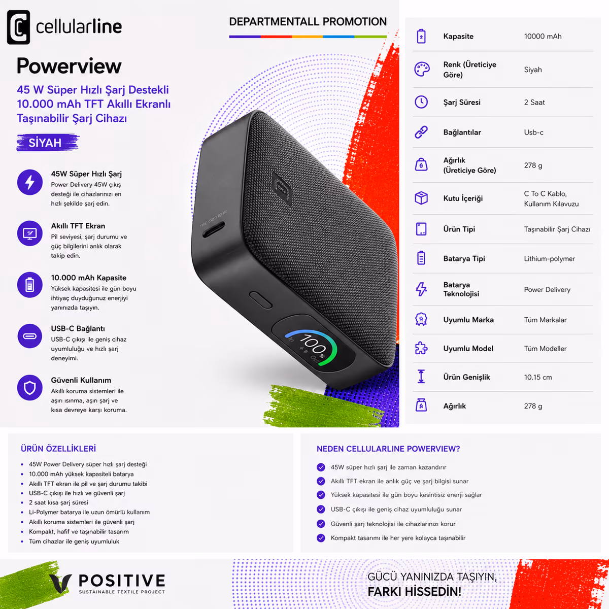 Cellularline Powerview 45 W · Siyah 10.000 mAh