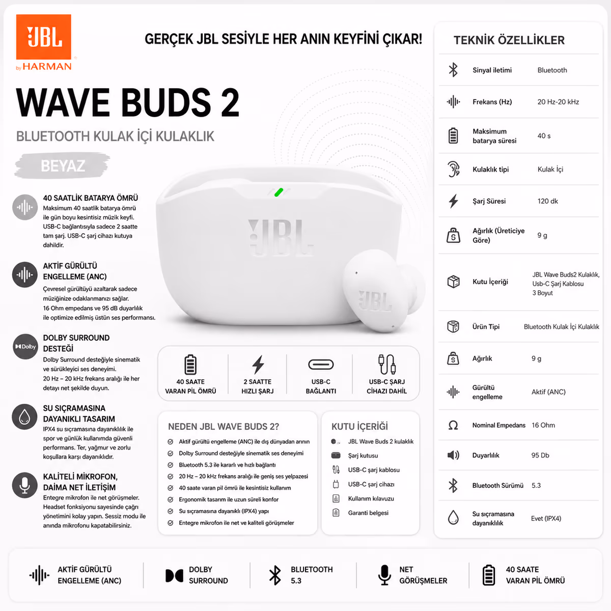 JBL Wave Buds2 · Beyaz 