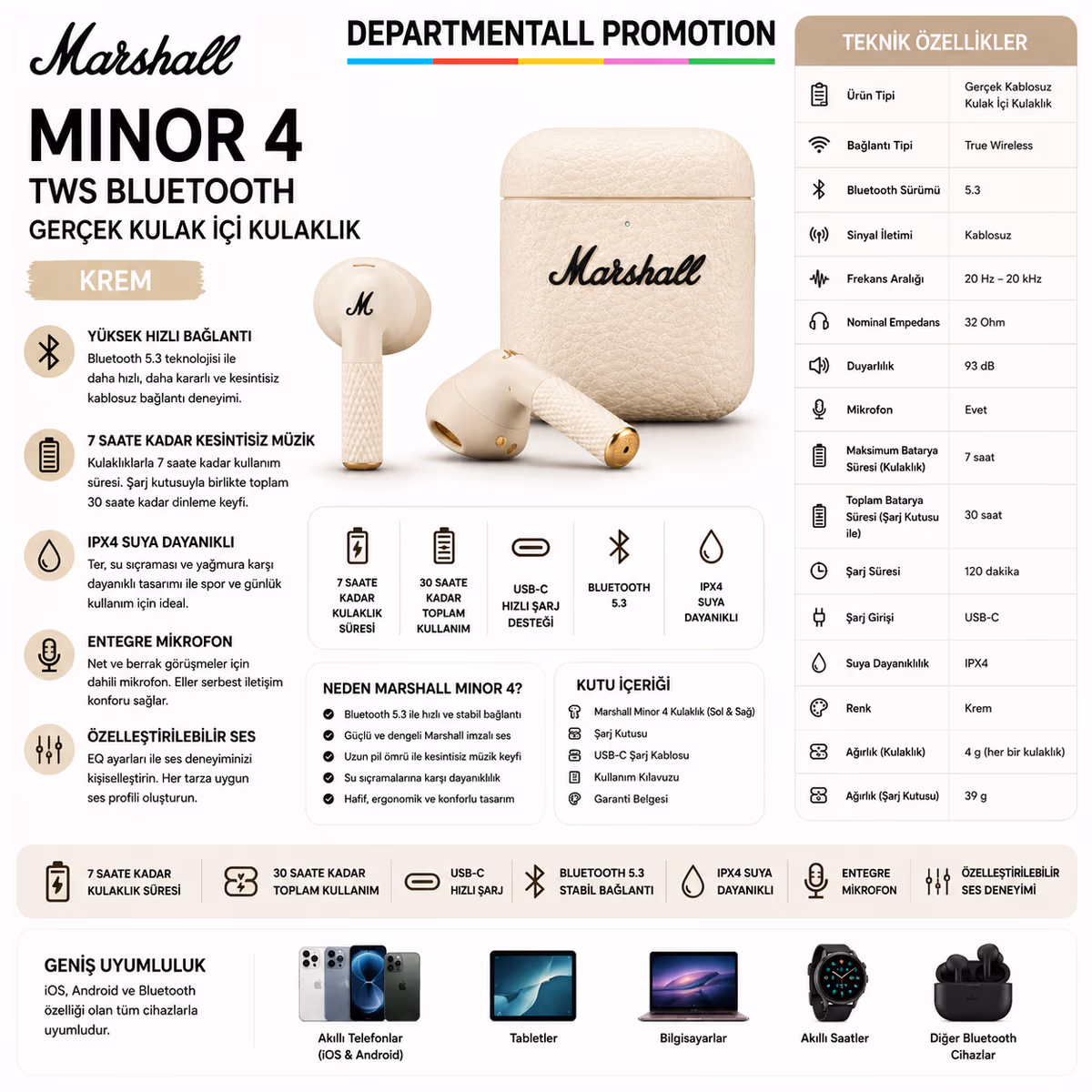 Marshall Minor 4 TWS · Krem 