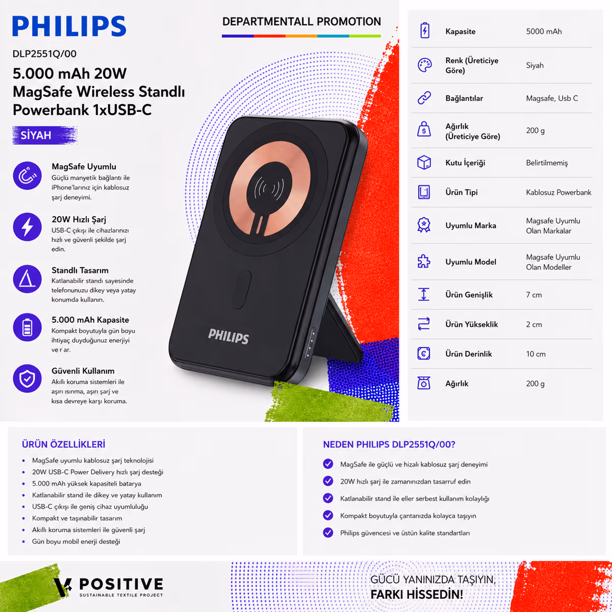 Philips DLP2551Q00 5.000 mAh MagSafe Wireless Standlı Powerbank · Siyah 5.000 mAh