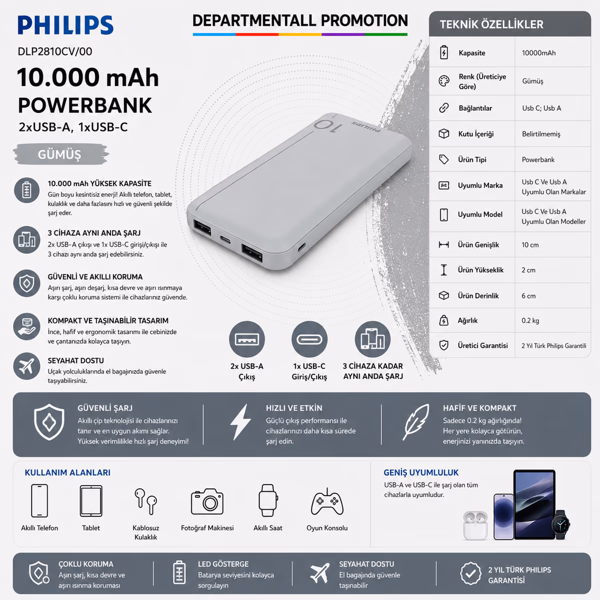 Philips DLP2810CV00 10.000 mAh Powerbank · Gümüş 10.000 mAh