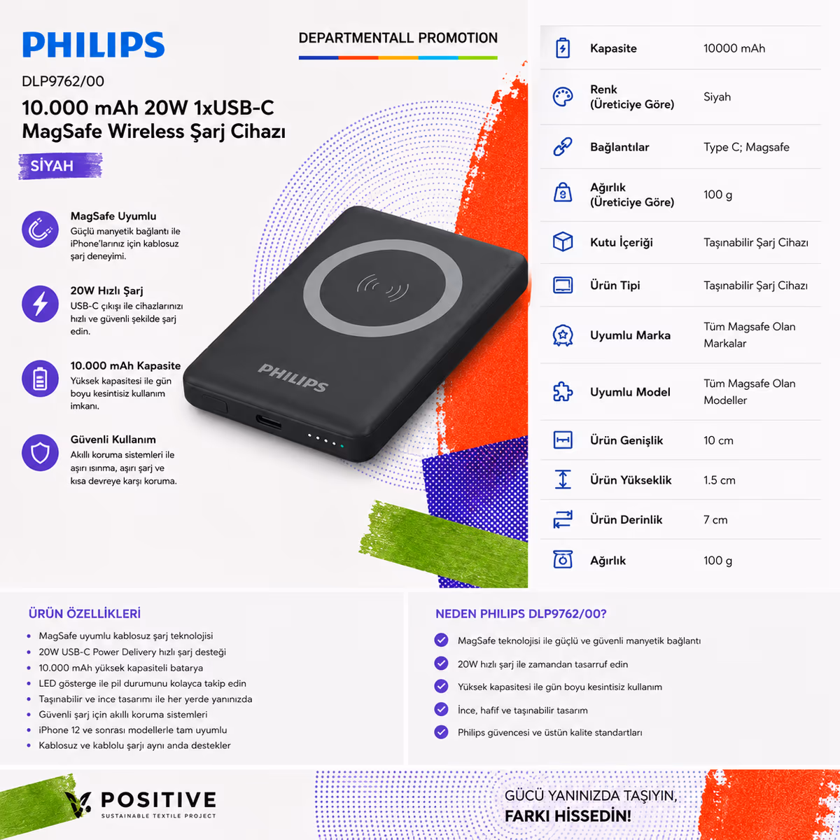 Philips DLP976200 10.000 mAh 20W 1xUSB-C MagSafe Wireless Şarj Cihazı · Siyah 10.000 mAh