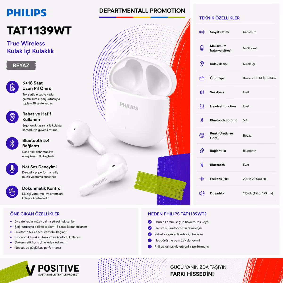 Philips TAT1139WT True Wireless Kulak İçi Kulaklık · Beyaz 