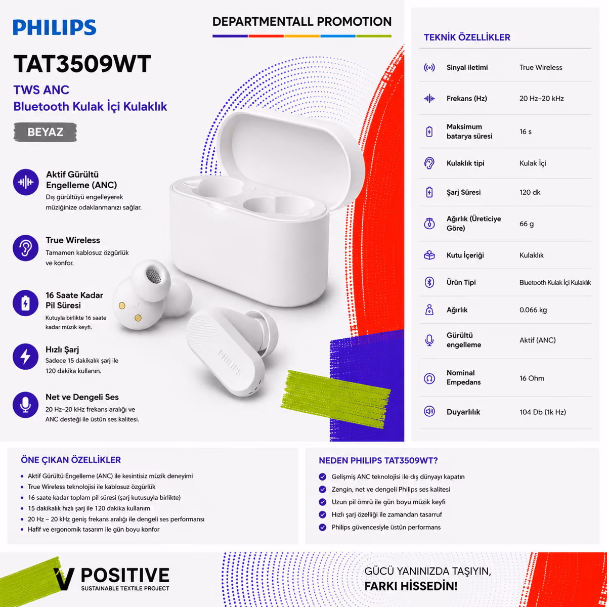 Philips TAT3509WT TWS ANC Bluetooth Kulak İçi Kulaklık · Beyaz 