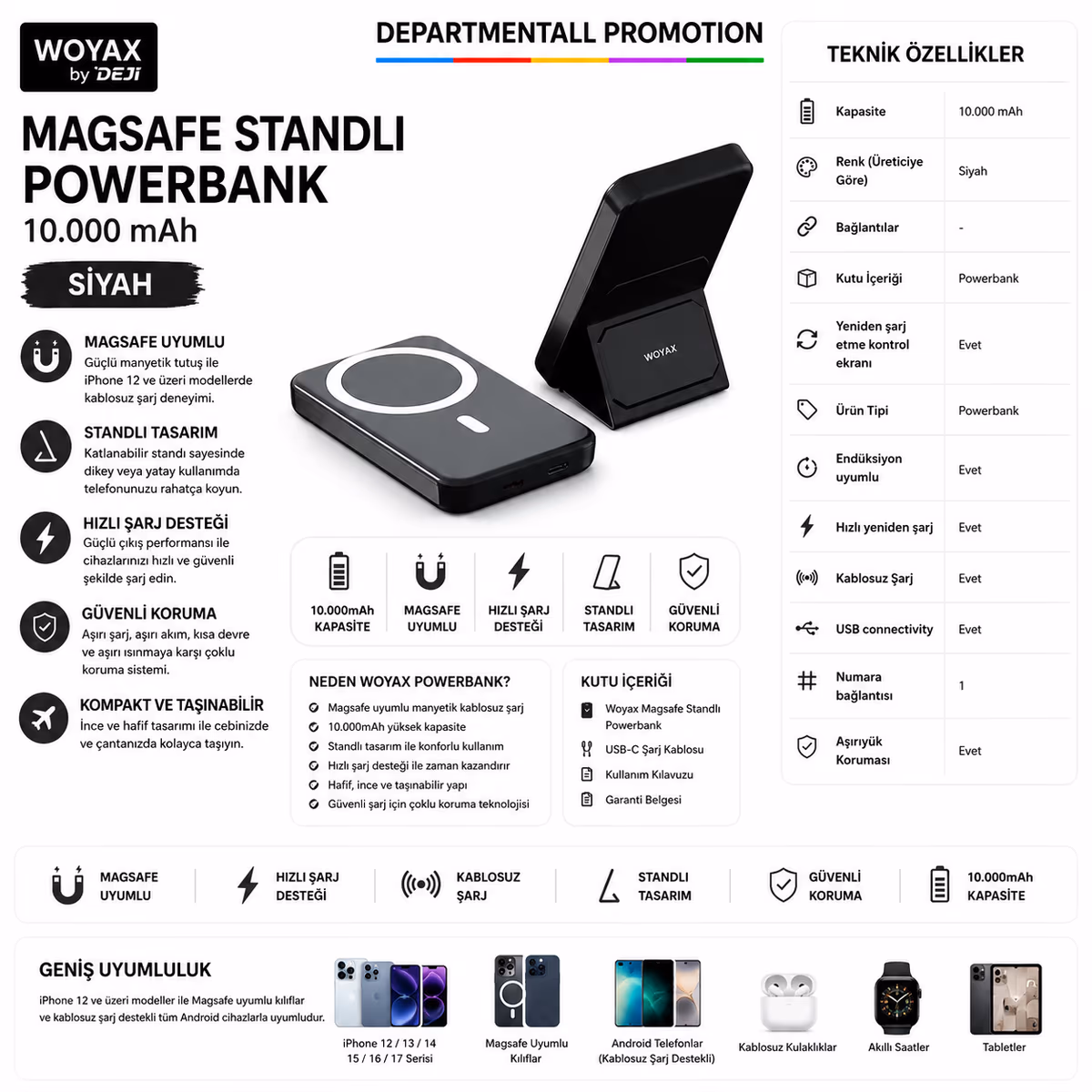 Woyax By Deji Magsafe Standlı Powerbank 10.000 mAh · Siyah 10.000 mAh