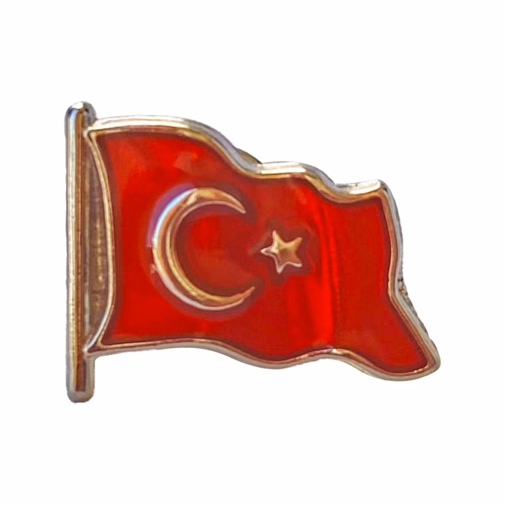 Türk Bayrağı Mineli Yaka Rozeti (İğneli) - Altın