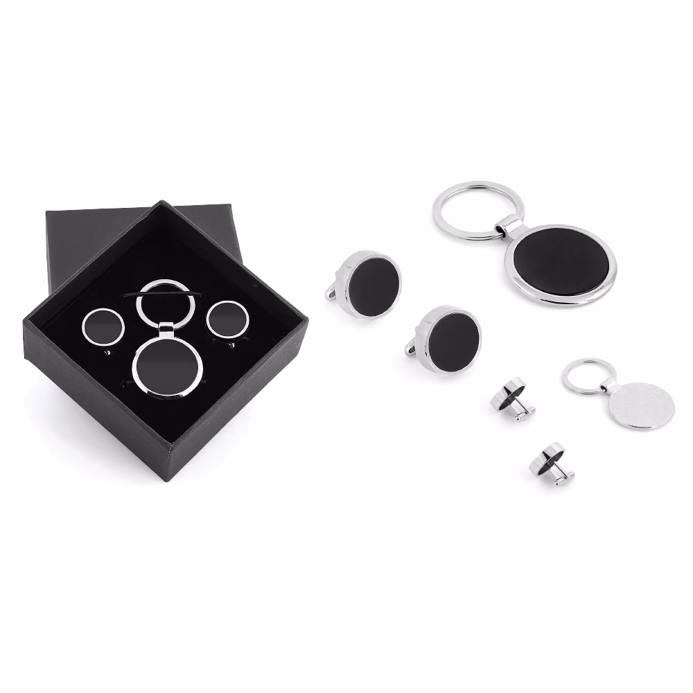 Kutulu Metal Anahtarlık Kol Düğmeli Set - Gümüş