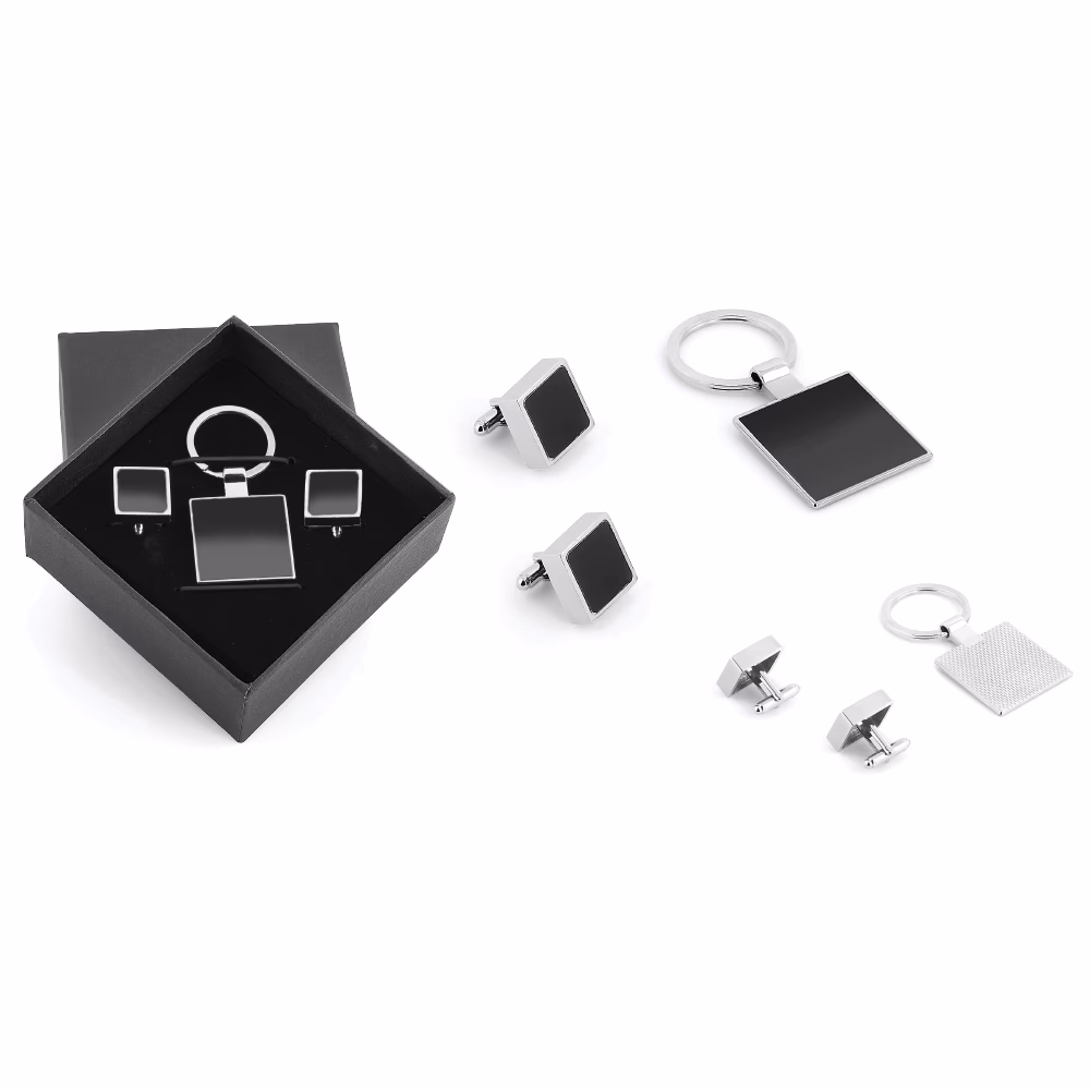 Kutulu Metal Anahtarlık Kol Düğmeli Set - Gümüş