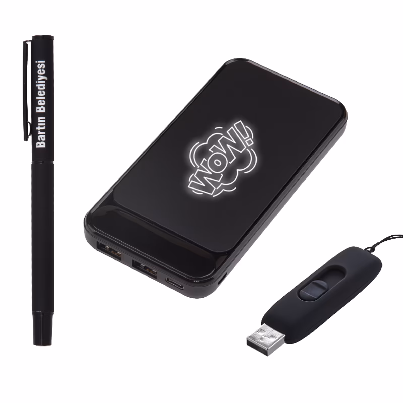 Kalem & Powerbank & Usb Set - Siyah