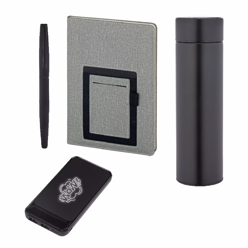 Defter & Kalem & Powerbank & Termos Set - Siyah
