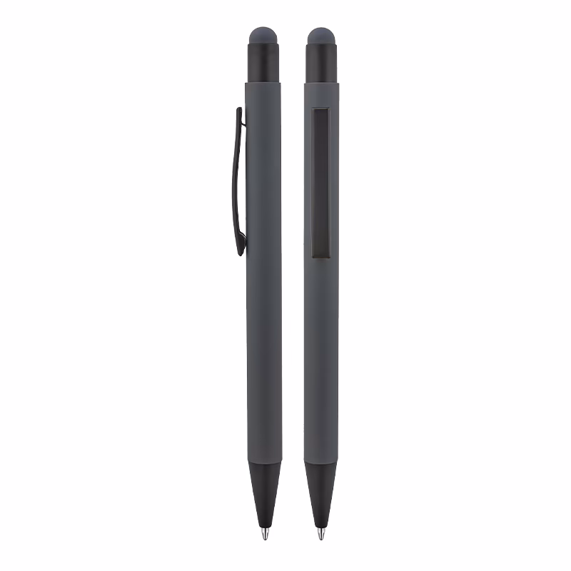 Metal Tükenmez Touchpen Rubber Gövde Kalem - Füme