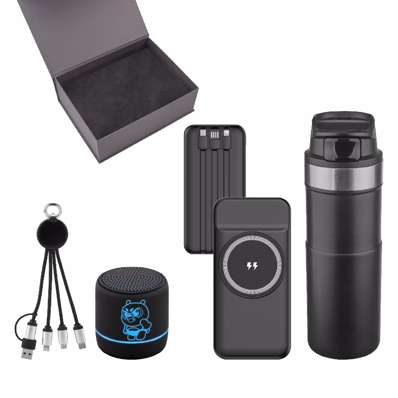 Powerbank & Kablo & Hoparlör & Termos Set - Siyah