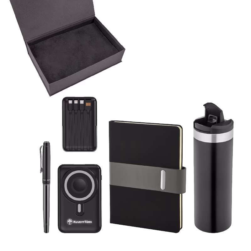Kalem & Defter & Powerbank & Termos Set - Siyah