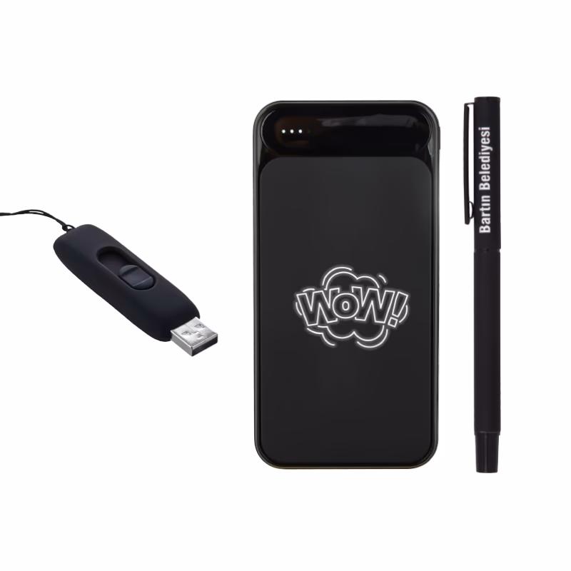 Kalem & Powerbank & Usb Set - Siyah