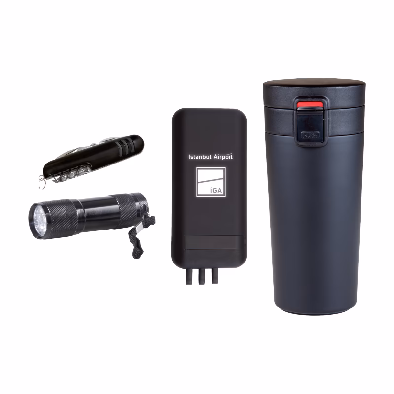 Çakı & Fener & Powerbank & Termos Set - Siyah - Siyah Mug