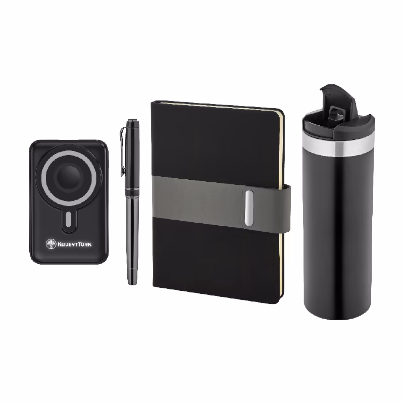 Kalem & Defter & Powerbank & Termos Set - Siyah