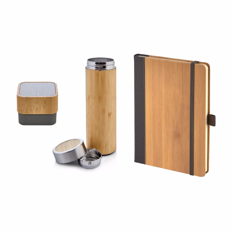 Defter & Hoparlör & Termos Set - Bambu