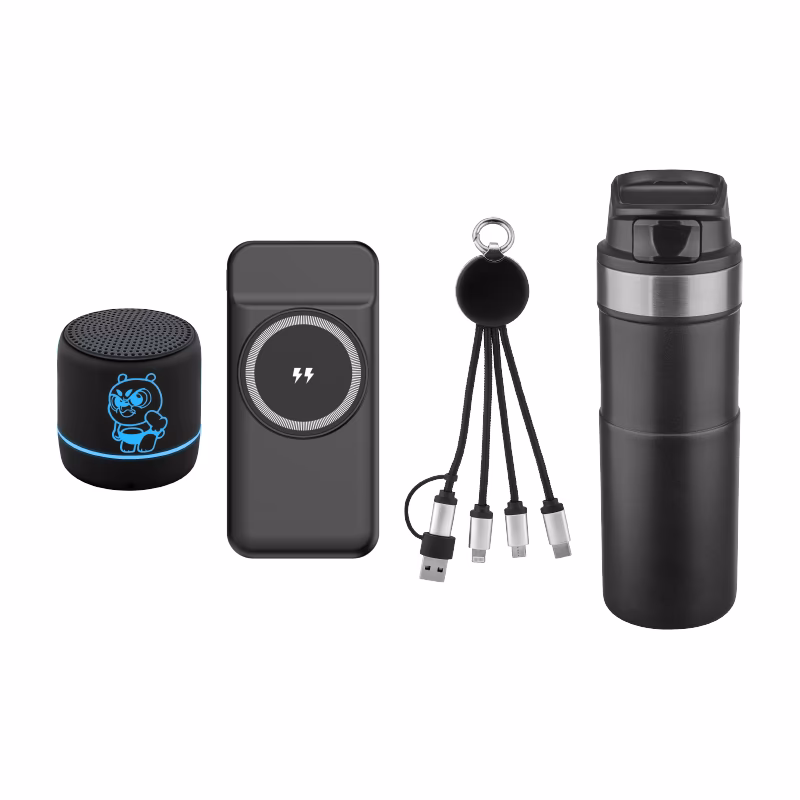 Powerbank & Kablo & Hoparlör & Termos Set - Siyah